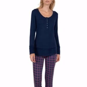 Josie Natori Sleepwear Long Sleeve Top Small Navy Button Soft